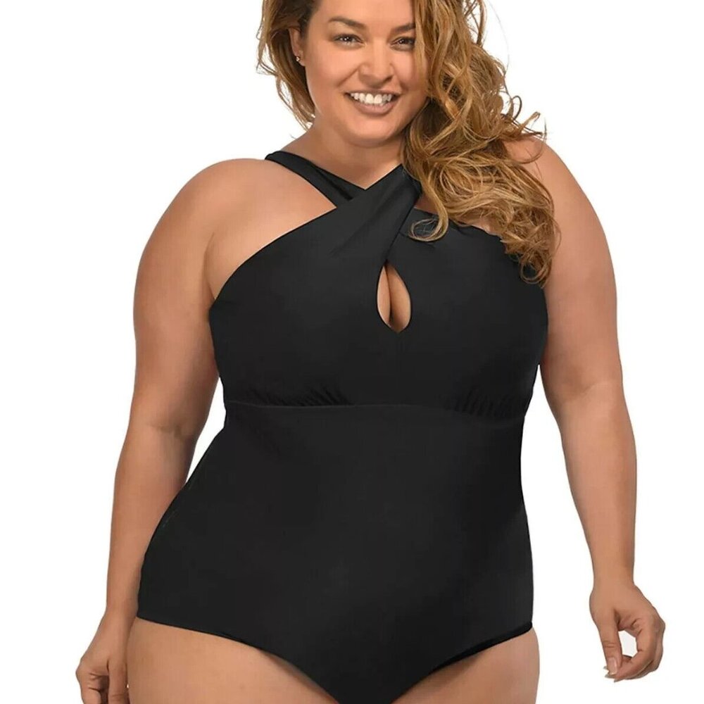 LYSA Women's Plus Size 1X Black Halter UPF 50+ One Piece Swimsuit NWT